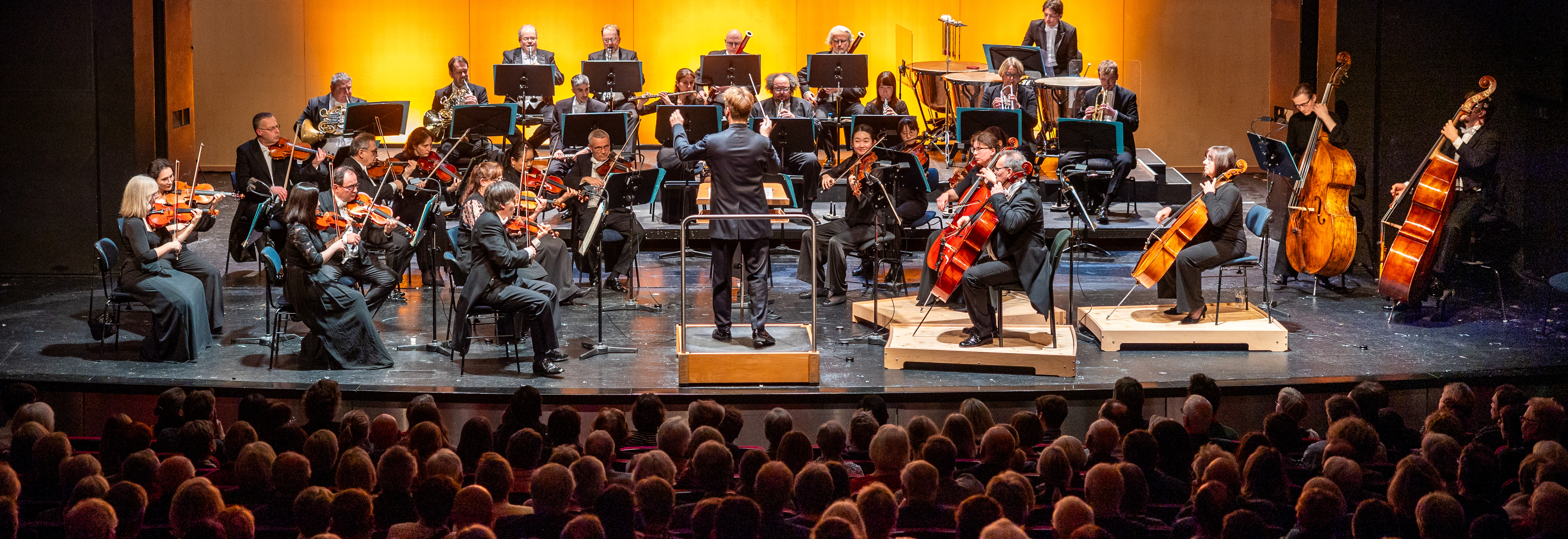 Die Lüneburger Symphoniker bei einem Konzert im Theater Lüneburg vor einem vollen Publikum